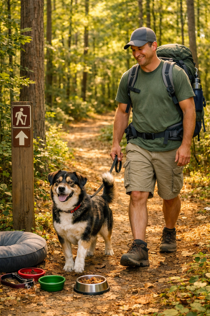 Dog and owner hiking on a forest trail during a camping trip — dog on leash, both looking happy and energetic