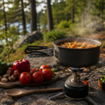 easy camp cooking for beginners one pot pasta simmering on camp stove at outdoor campsite with ingredients beside it