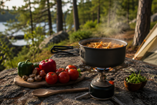 easy camp cooking for beginners one pot pasta simmering on camp stove at outdoor campsite with ingredients beside it