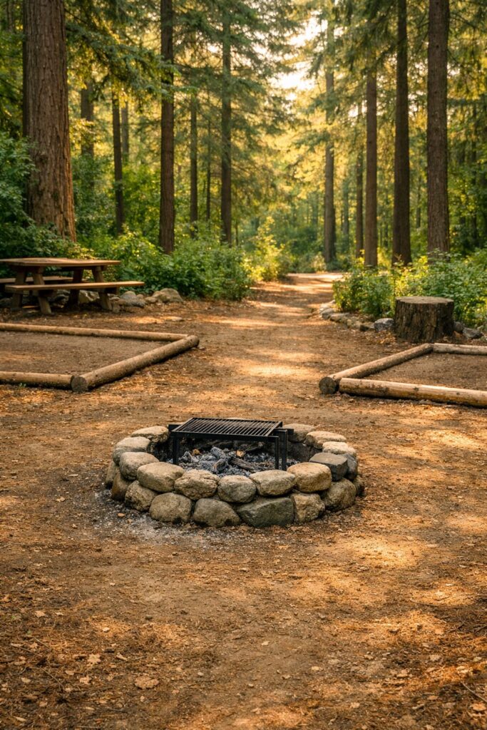 Well-established campsite in a forest showing flat cleared ground, designated fire ring and marked tent pitching areas — responsible campsite choice