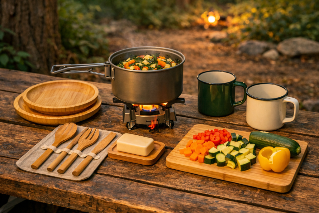 Eco-friendly camp cooking setup — bamboo plates, titanium pot on camp stove, and enamel cups with plant-based one-pot meal being prepared