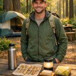 Eco-friendly camping gear tips — responsible camper with reusable water bottle, bamboo cookware, solar lantern and biodegradable soap at a clean campsite