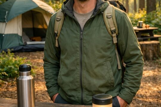 Eco-friendly camping gear tips — responsible camper with reusable water bottle, bamboo cookware, solar lantern and biodegradable soap at a clean campsite