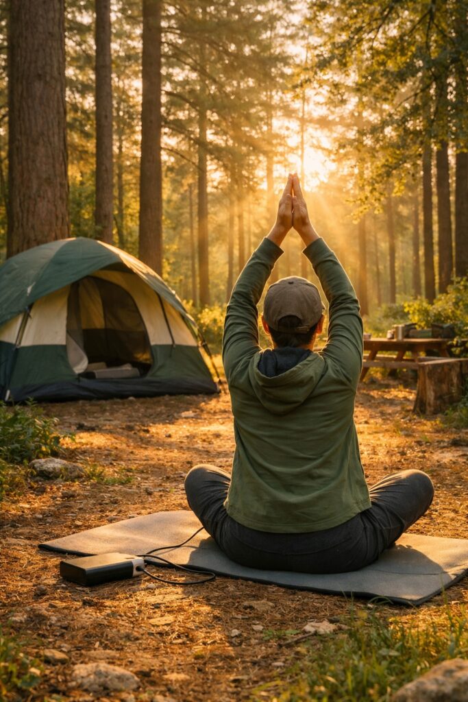 A camper practicing mindful stretching at a sustainable campsite in a pristine forest at sunrise