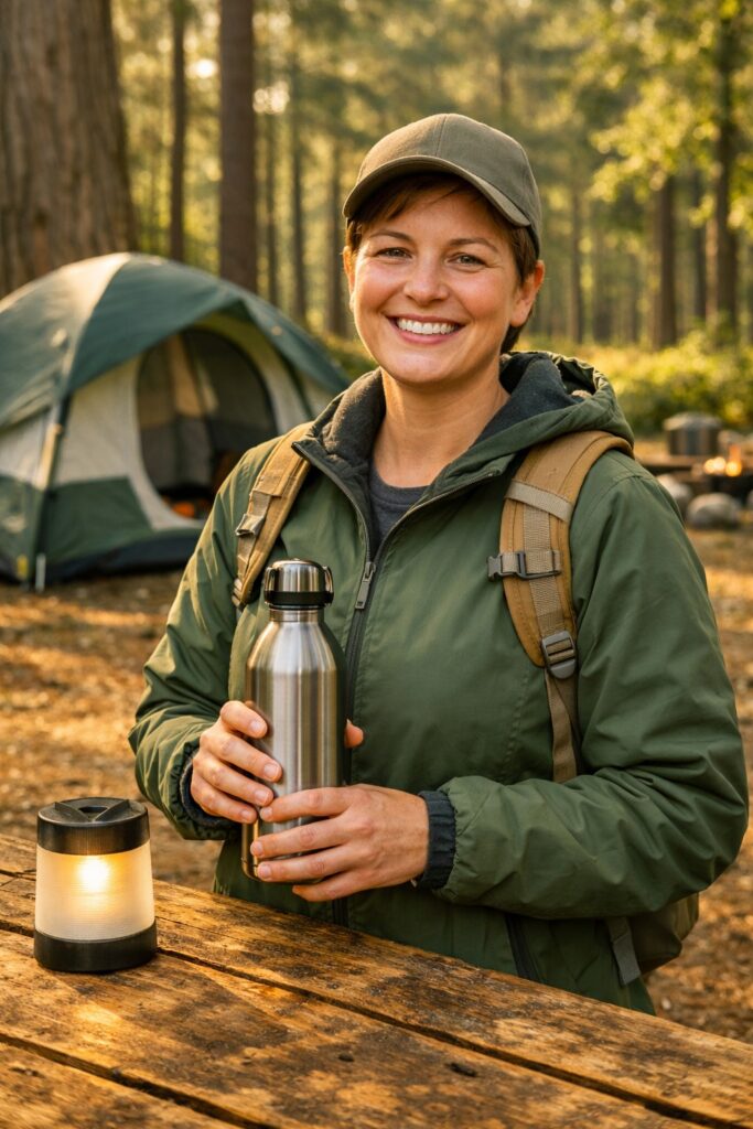 Eco-conscious camper at a clean campsite in a lush forest holding a reusable water bottle and smiling — zero litter visible