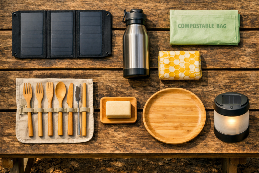 Essential eco-friendly camping gear flatlay — solar panel, reusable water bottle, bamboo cutlery, biodegradable soap, beeswax wraps and solar LED lantern