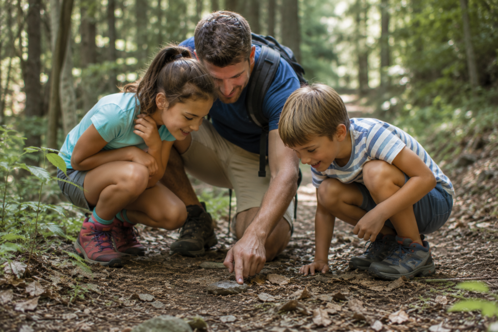 family camping tips children doing nature scavenger hunt in forest parents watching kids examining leaves sticks excited outdoors