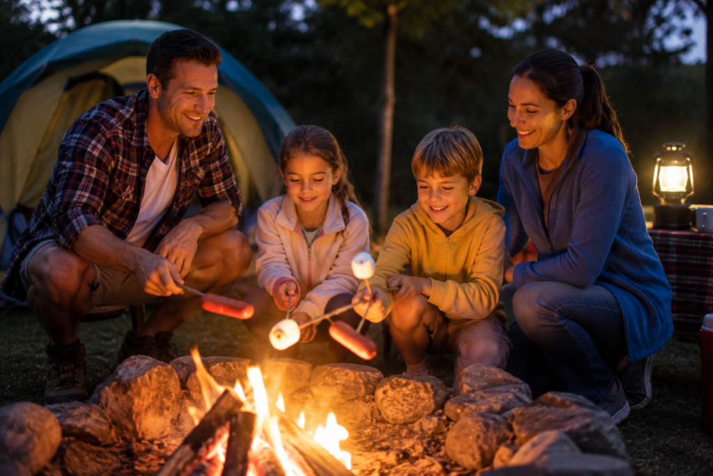 family camping tips children roasting hot dogs marshmallows over campfire with parents watching safe distance family meal