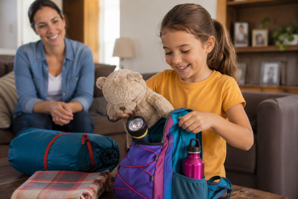 family camping tips children packing their own small backpack camping gear preparation before trip excited