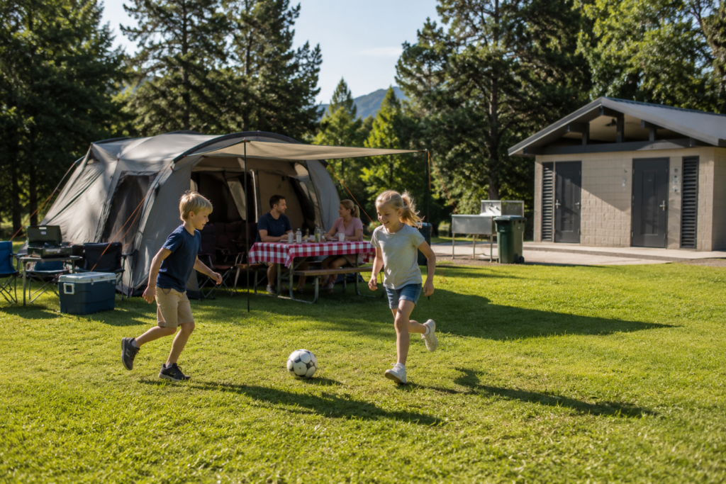 family camping tips choosing family-friendly campsite open grassy area children playing near tent facilities visible