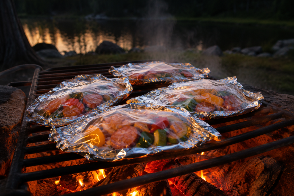 easy camp cooking beginners foil packet camping meal sausages and vegetables wrapped in foil on campfire grill