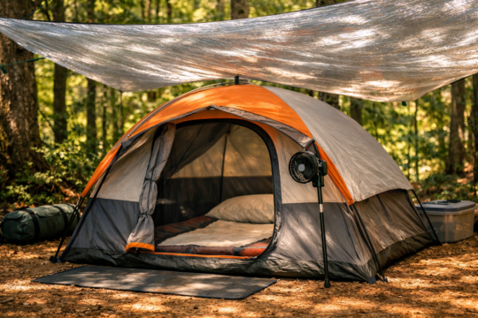 How to keep a tent cool in summer — shaded campsite with reflective tarp above tent, portable fan and mesh tent door open for ventilation