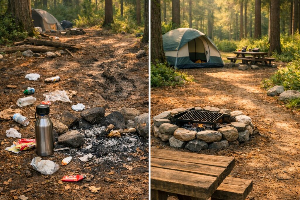 Environmental damage caused by irresponsible camping — litter left at a campsite, soil erosion on an off-trail path, and a damaged fire ring