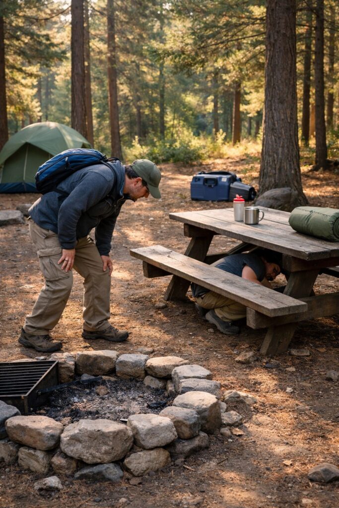  Camper doing final campsite inspection before leaving — checking for litter, ash remnants and any forgotten items at a clean forest campsite
