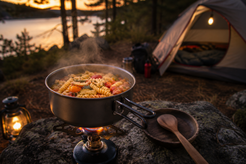 easy camp cooking beginners one pot pasta dinner on camp stove with vegetables and herbs campsite evening