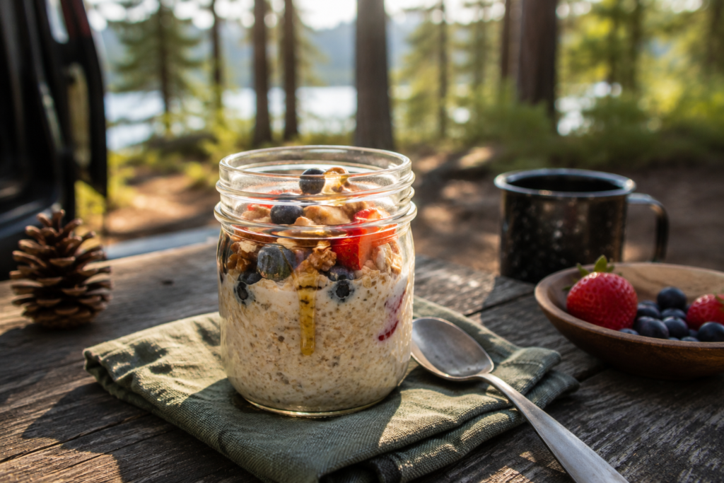 easy camp cooking beginners overnight oats prepared in jar with berries nuts honey camping breakfast no cook