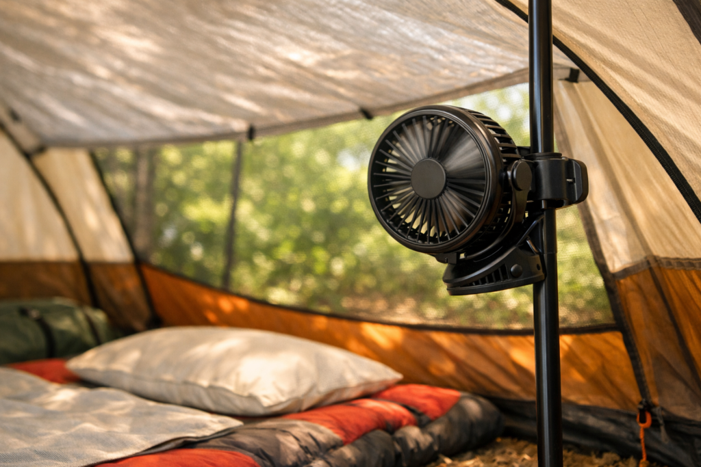 How to keep a tent cool with a portable battery fan — clip fan attached to tent pole with airflow directed across sleeping area