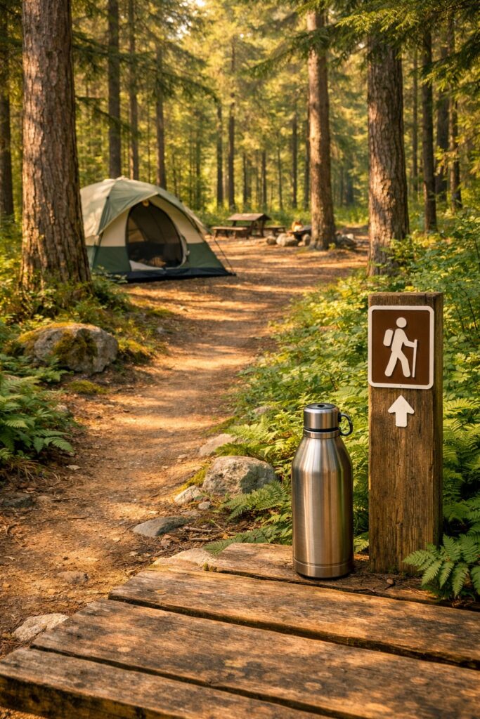 Pristine natural forest ecosystem with a designated camping trail and established campsite — undisturbed vegetation and clean surroundings