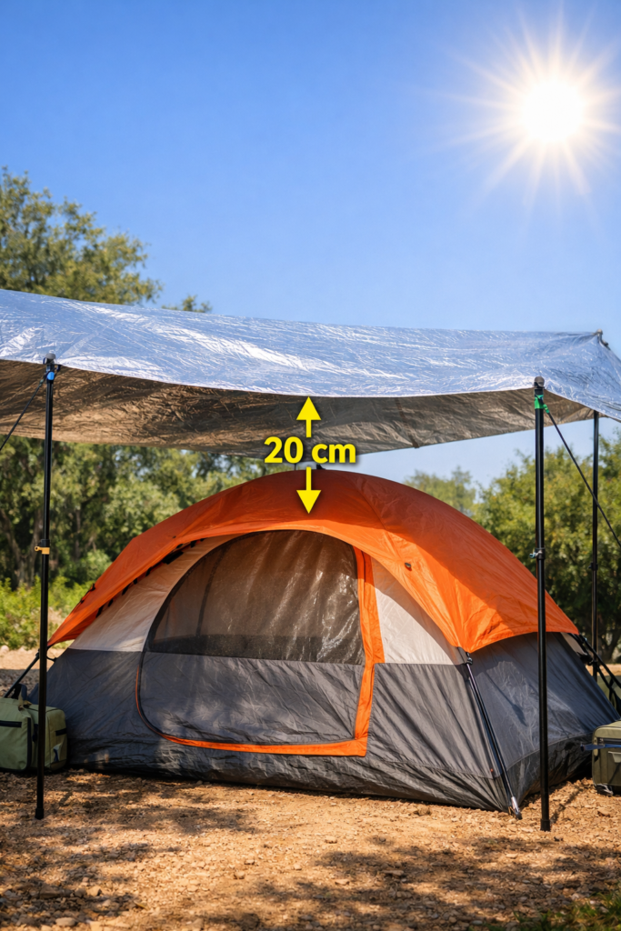 : How to keep a tent cool with a reflective tarp rigged above camping tent with gap for airflow — summer camping sun protection