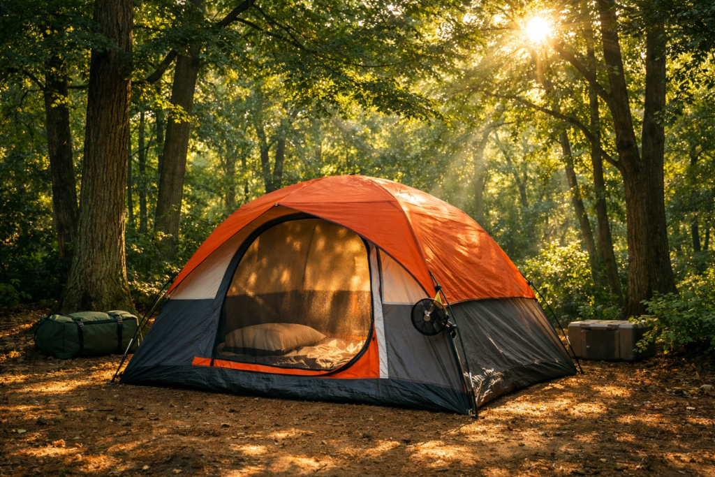 How to keep a tent cool with natural shade — camping tent pitched under tall trees in dappled shade with morning sunlight filtering through canopy