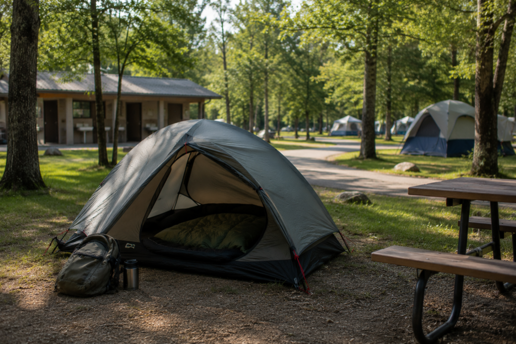 solo camping tips beginners established campground first solo trip tent pitched near other campers well-maintained site