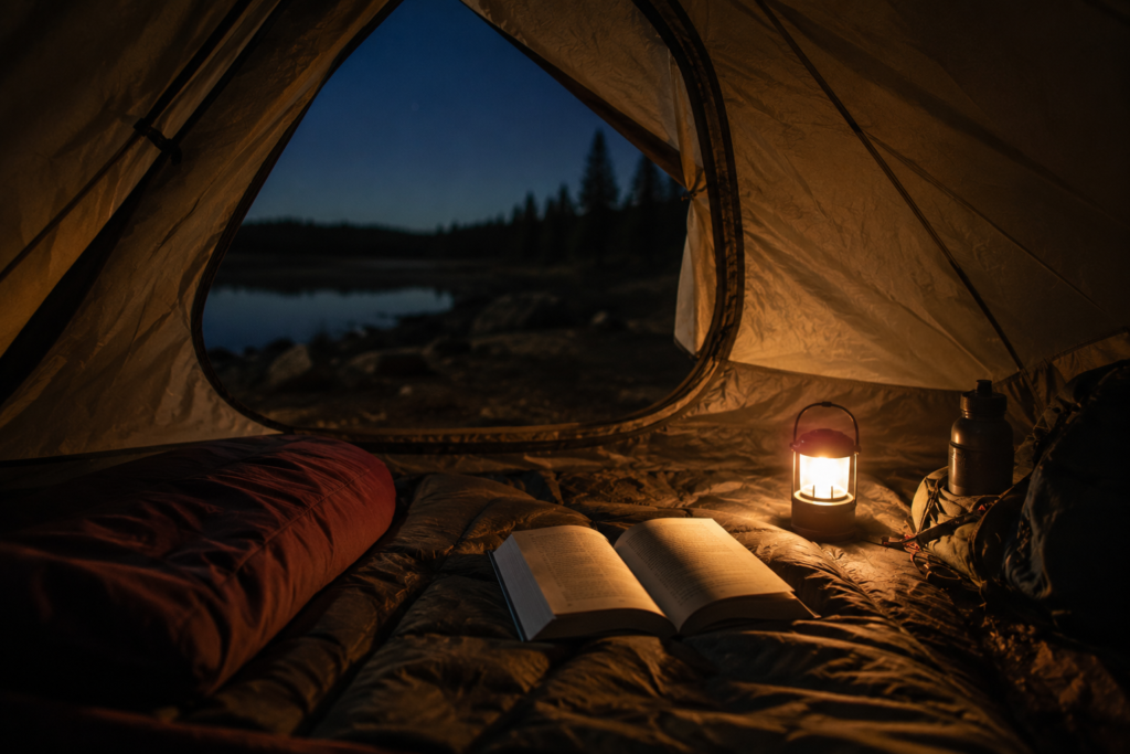 solo camping tips beginners cosy tent interior at night lantern glowing book reading alone peaceful confident