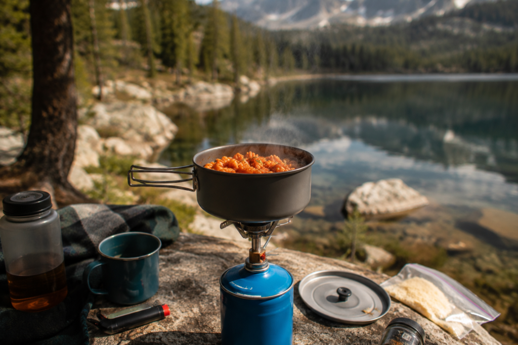 solo camping tips for beginners one-pot meal on camp stove solo cooking outdoors simple satisfying camp dinner
