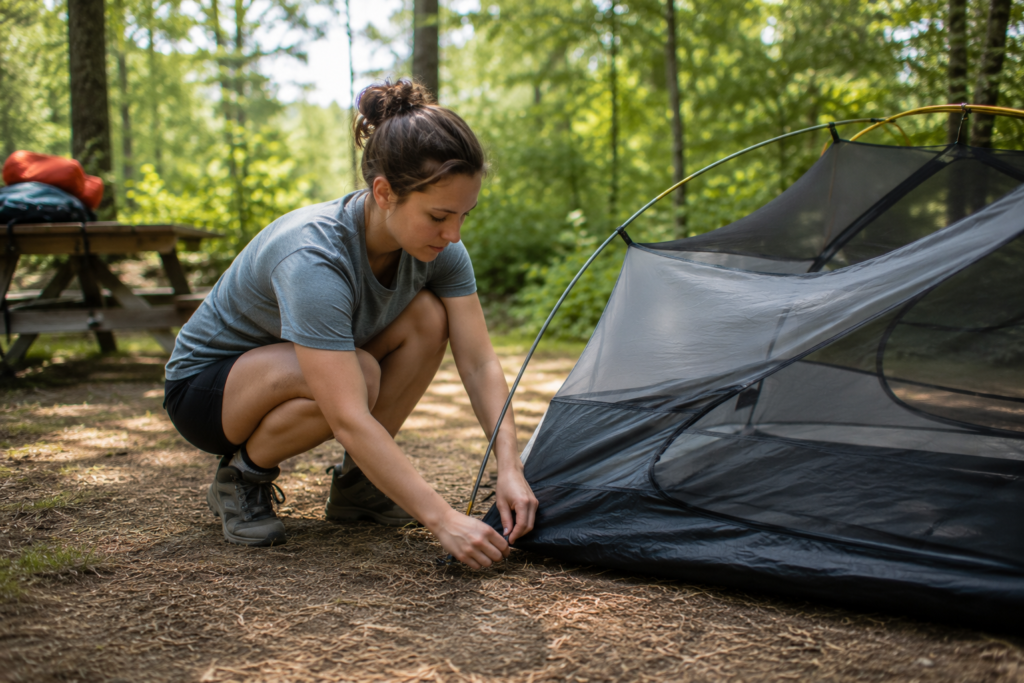 solo camping tips beginners lightweight one-person tent setup solo camper pitching tent alone outdoor campsite