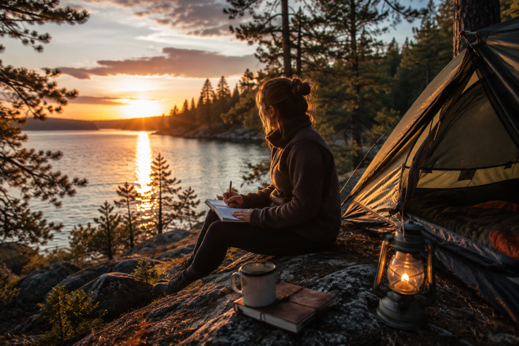 solo camping tips beginners solo camper writing in journal outdoors nature sitting on log or camp chair peaceful