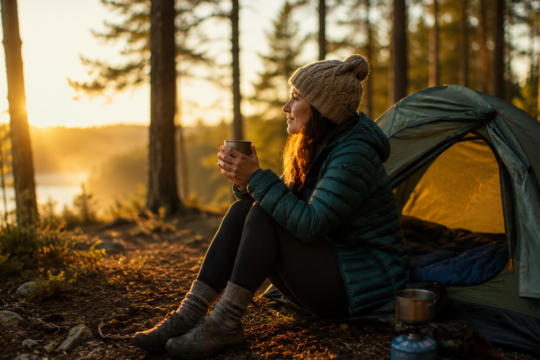 solo camping tips for beginners woman sitting outside tent alone in forest at sunrise with coffee peaceful confident