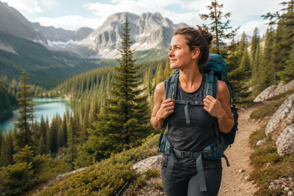 solo camping tips for women solo female camper hiking trail alone confident backpack forest trail empowered