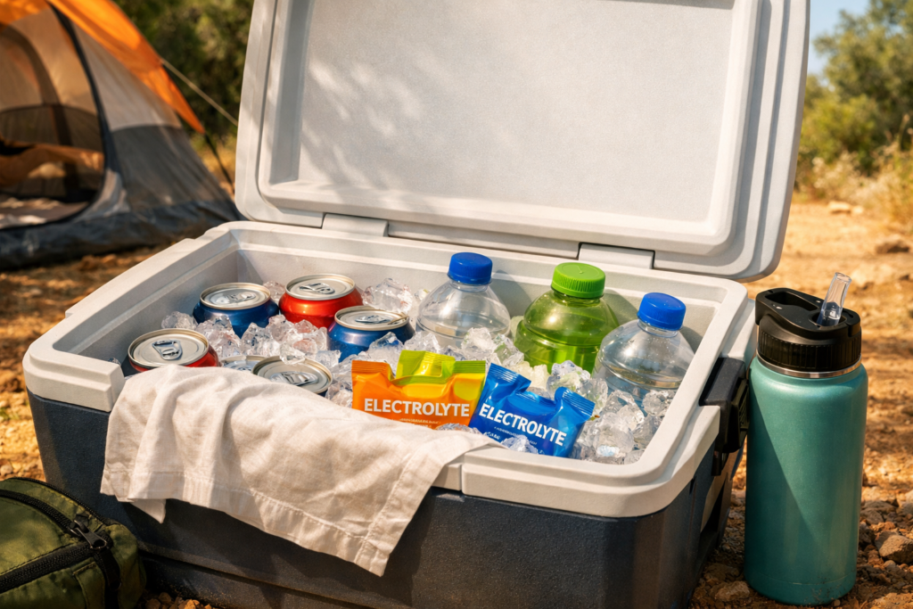 Summer camping hydration tips for keeping cool — cooler box with cold drinks, electrolyte sachets and reusable water bottles at campsite