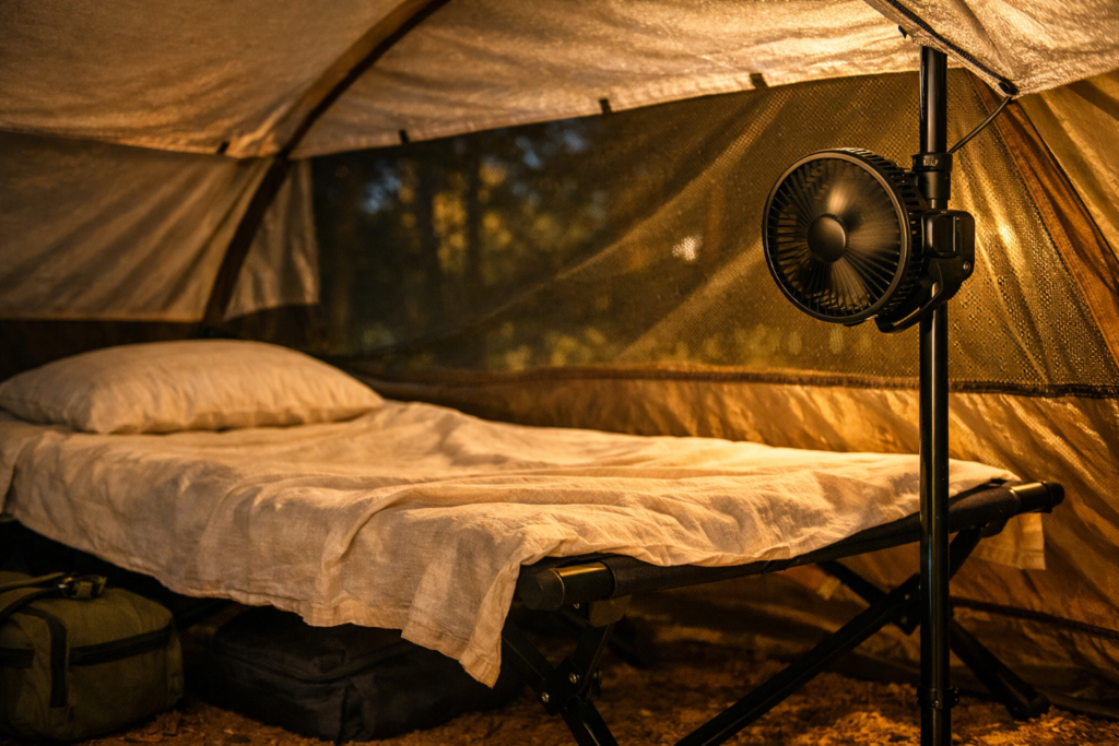 How to keep a tent cool at night with summer sleep system — lightweight cotton sheet on camping cot with small fan nearby instead of heavy sleeping bag