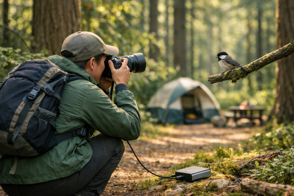 : Camper doing nature photography in a forest — photographing a bird on a branch without disturbing it, sustainable camping activity