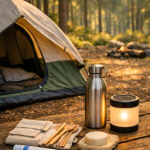Sustainable camping setup in a pristine forest — reusable water bottle, solar lantern, biodegradable soap and clean campsite with no litter