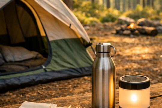 Sustainable camping setup in a pristine forest — reusable water bottle, solar lantern, biodegradable soap and clean campsite with no litter