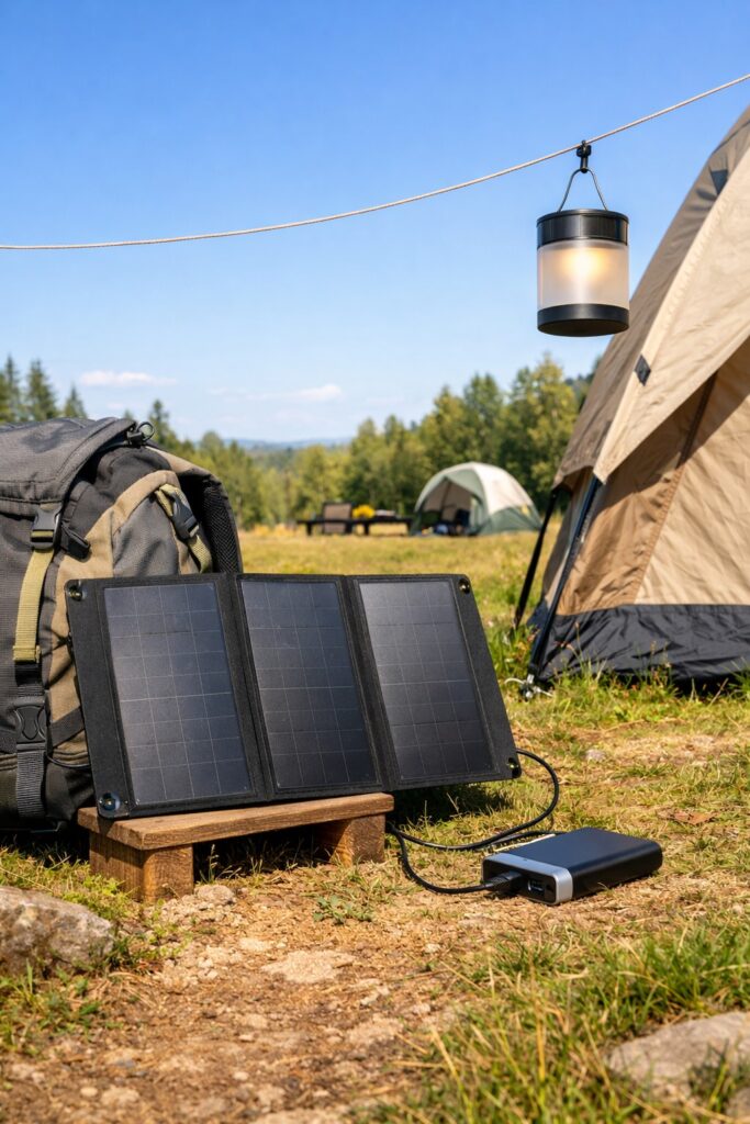 Foldable solar panel charging a power bank at a sunny campsite beside a solar LED lantern — sustainable camping energy setup