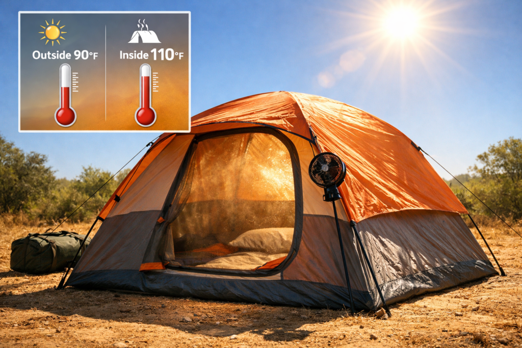 How to keep a tent cool — tent heating up in direct summer sunlight demonstrating the greenhouse effect on camping tent interior