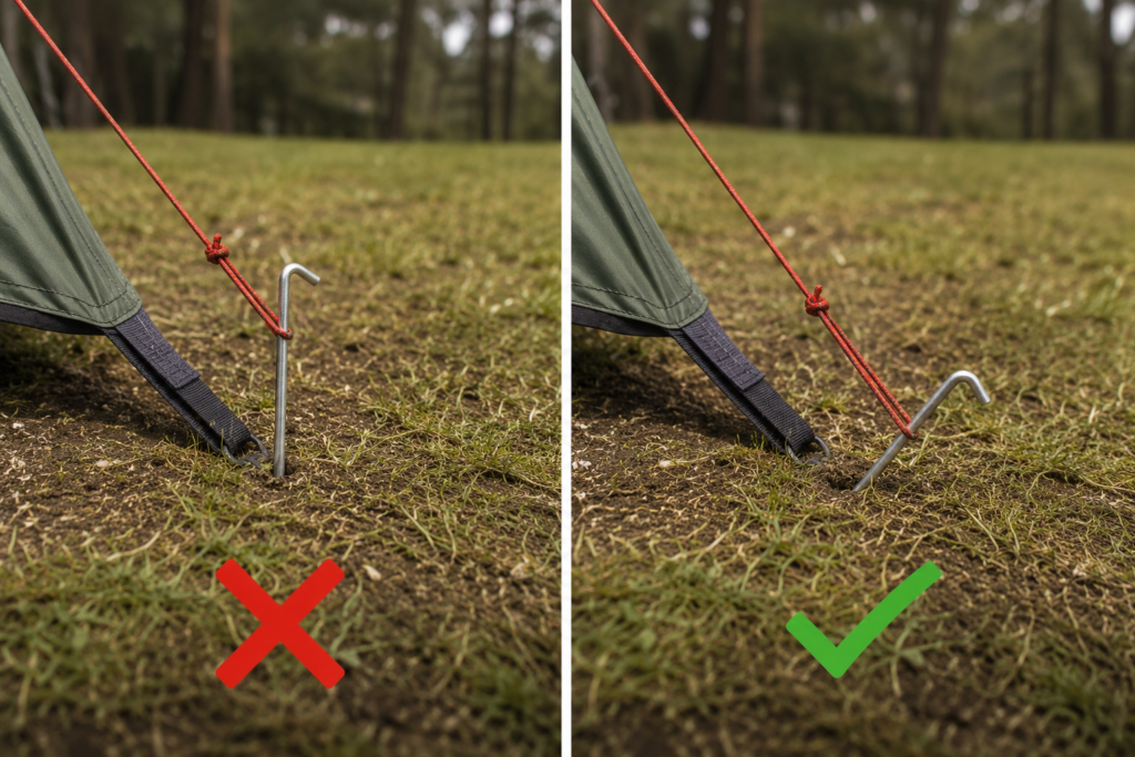 how to pitch a tent tent stakes inserted at correct 45 degree angle into ground away from tent showing proper technique