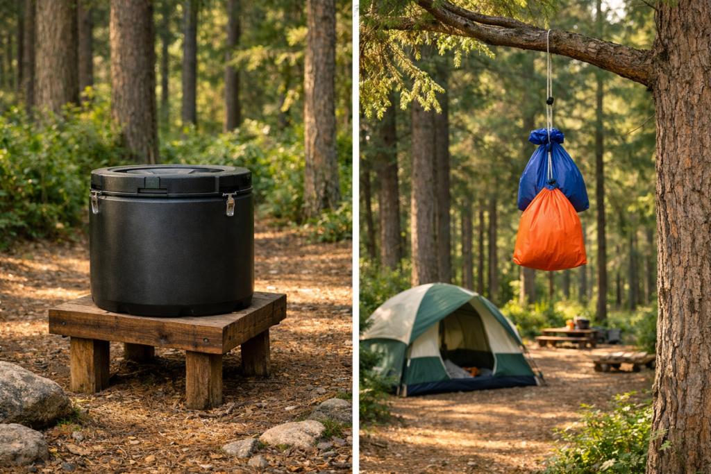 Proper wildlife-safe food storage at a campsite — bear-proof container and food bag hanging from tree branch, no food left unsecured