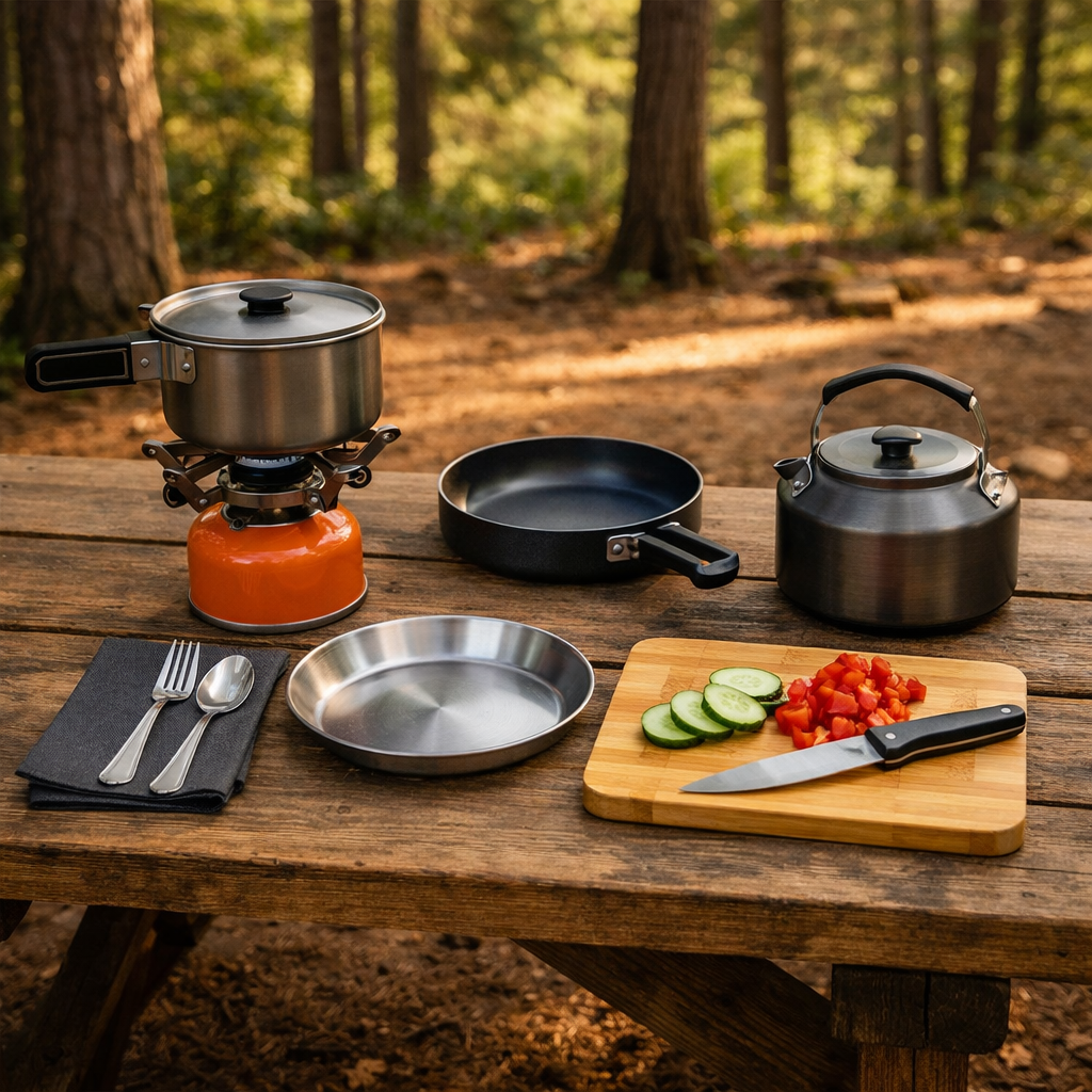 Camp cooking essentials — portable camp stove, pots, pans, utensils, and cutting board on a campsite table