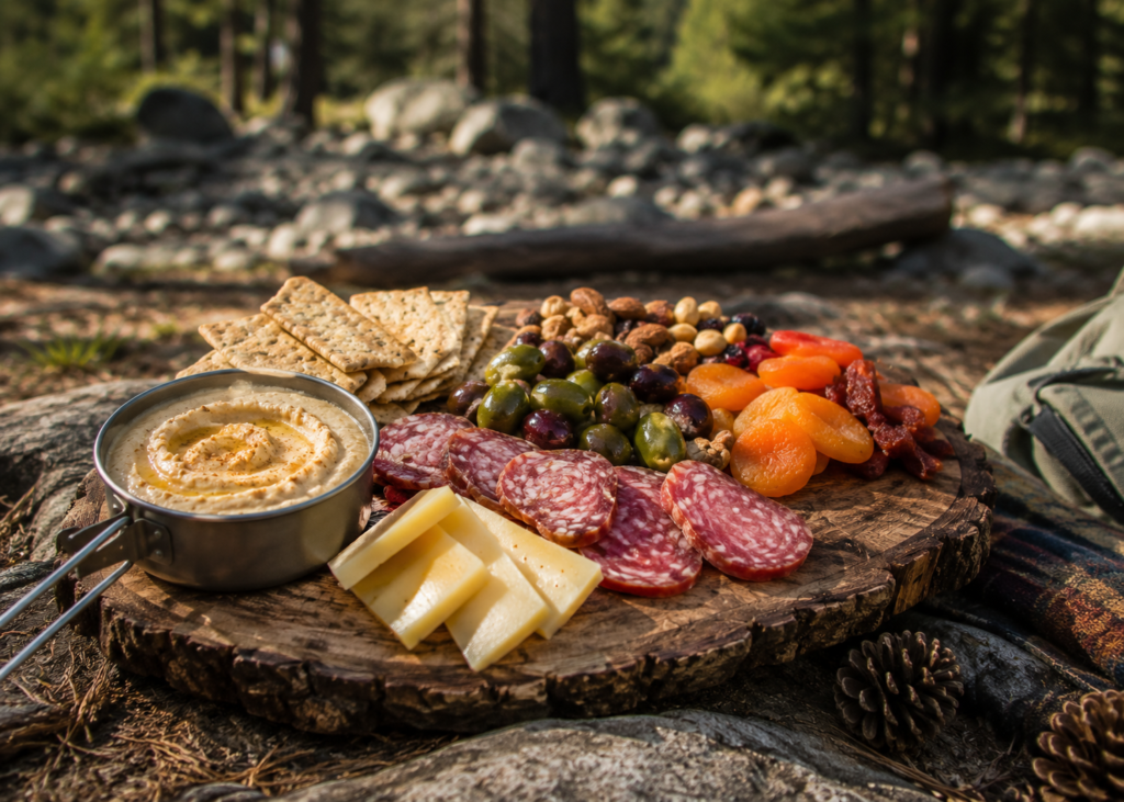 ready to eat camping food charcuterie board assembled at campsite with crackers cheese salami dried fruit hummus