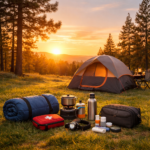 Complete camping checklist for new campers — tent pitched at sunset with organised camping gear laid out on the ground