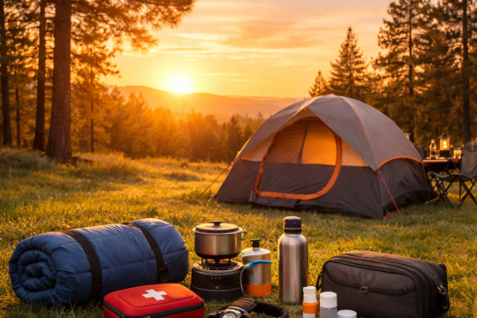 Complete camping checklist for new campers — tent pitched at sunset with organised camping gear laid out on the ground