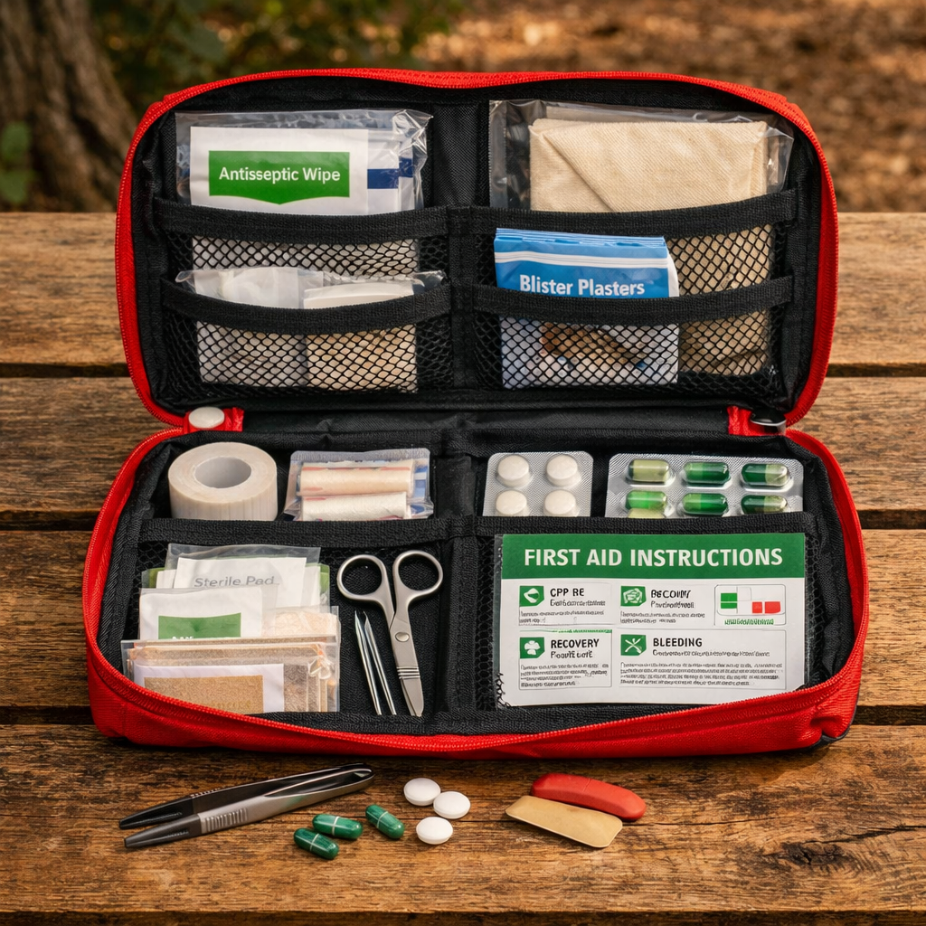 Camping first aid kit open on a camp table with bandages, antiseptic wipes, blister plasters, tweezers, and medications