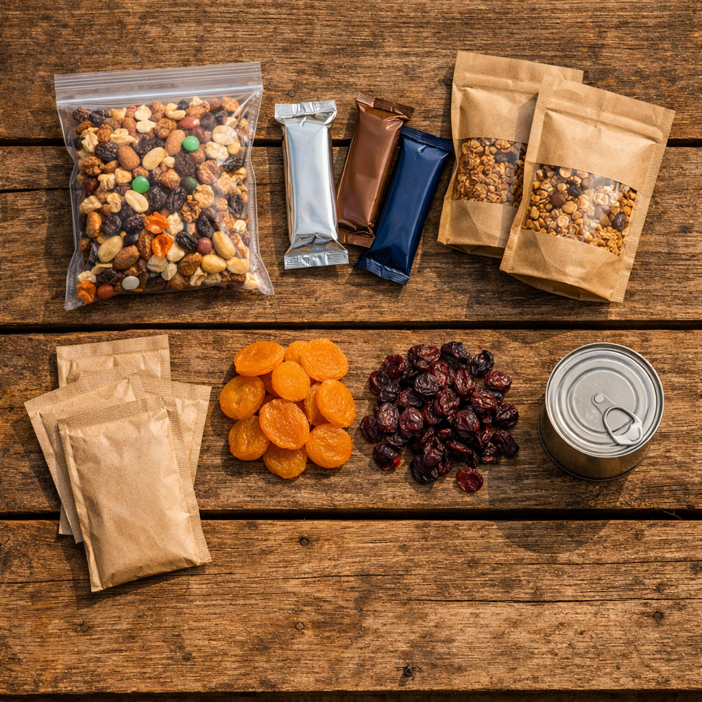 Healthy camping snacks — trail mix, energy bars, granola, and nuts packed in ziplock bags for a camping trip