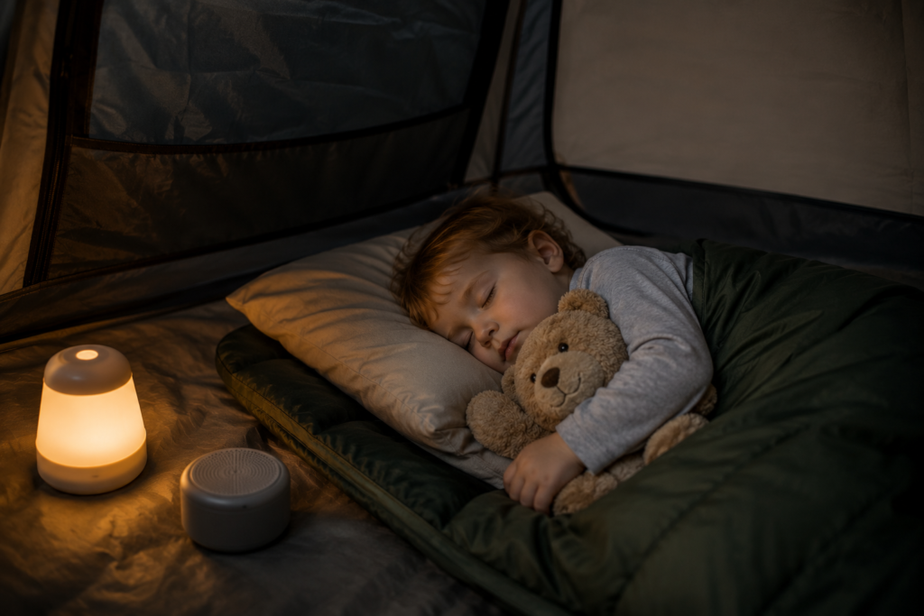 camping with toddlers toddler sleeping in tent sleeping bag with cuddly toy portable blackout blind comfort items