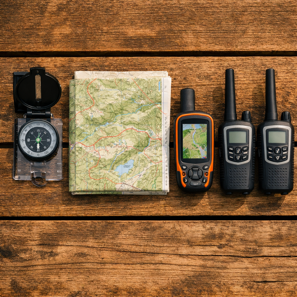 Camping navigation tools — compass, topographic map, GPS device, and walkie talkie