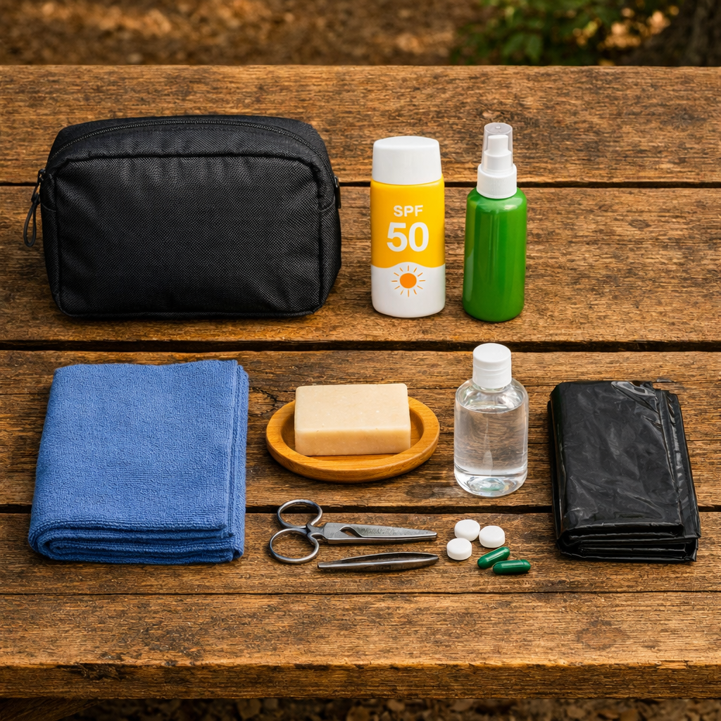 Camping personal care essentials — toiletry bag, sunscreen, insect repellent, biodegradable soap, and trash bags