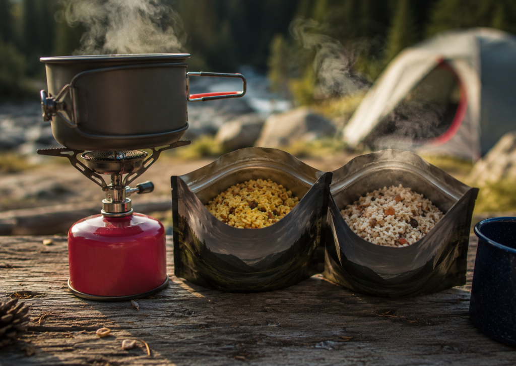 ready to eat camping food pre-cooked rice pouches and grain packets heating on small camp stove easy camp meal